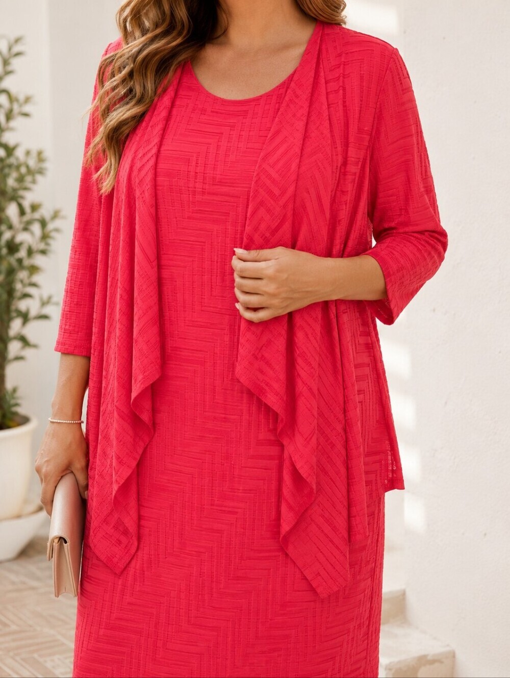 Laura Coral Pink Textured Dress Attached Jacket Set Size 18 Special Occasion